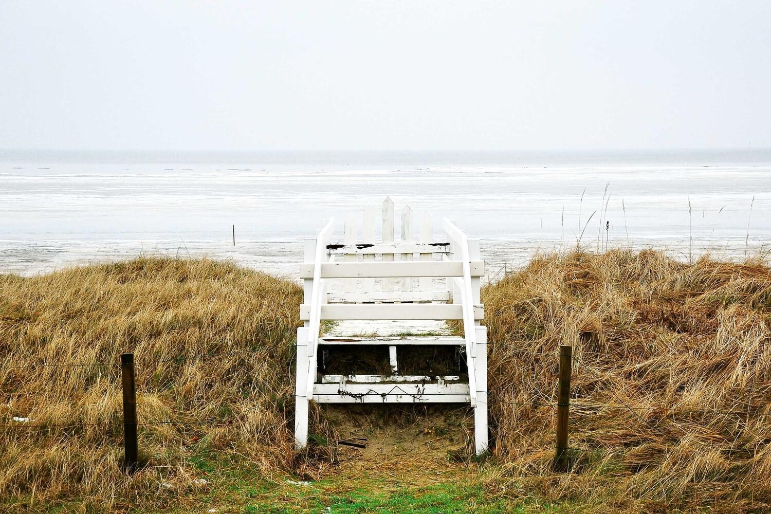 White bench on dune grass facing a pale sea